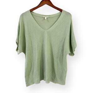 Eileen Fisher XS Organic Linen Knit V-Neck Top Aloe Sage Green Relaxed Fit
